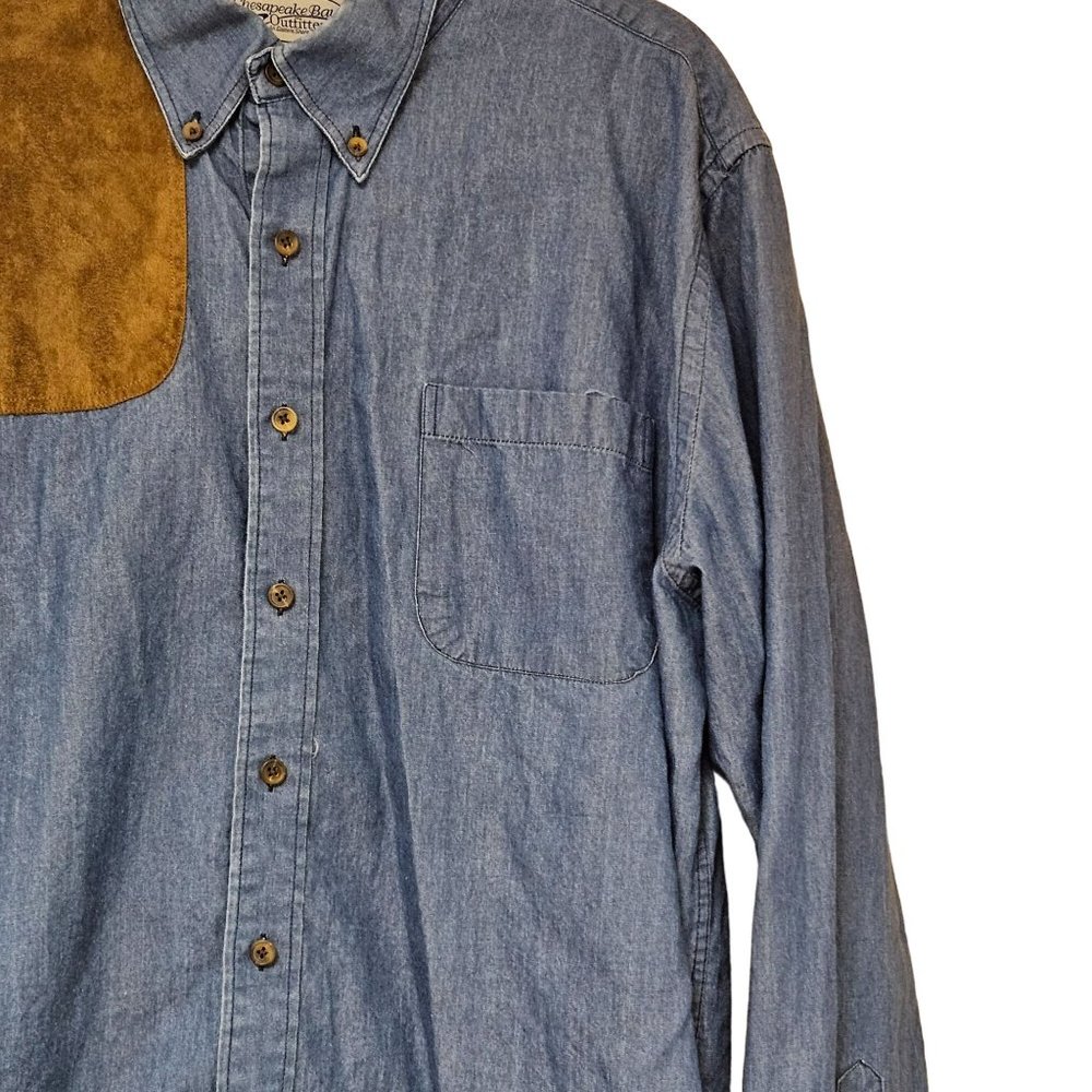 Chesapeake Bay Outfitters Shirt Mens XL Blue Jean Denim Long Sleeve Suede Patch - Picture 4 of 8
